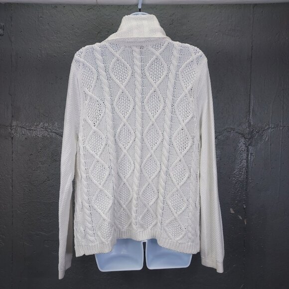 CAbi Cardigan Women Large White Cable Knit Open Shawl Collar Cotton Sweater #193 - Picture 4 of 12